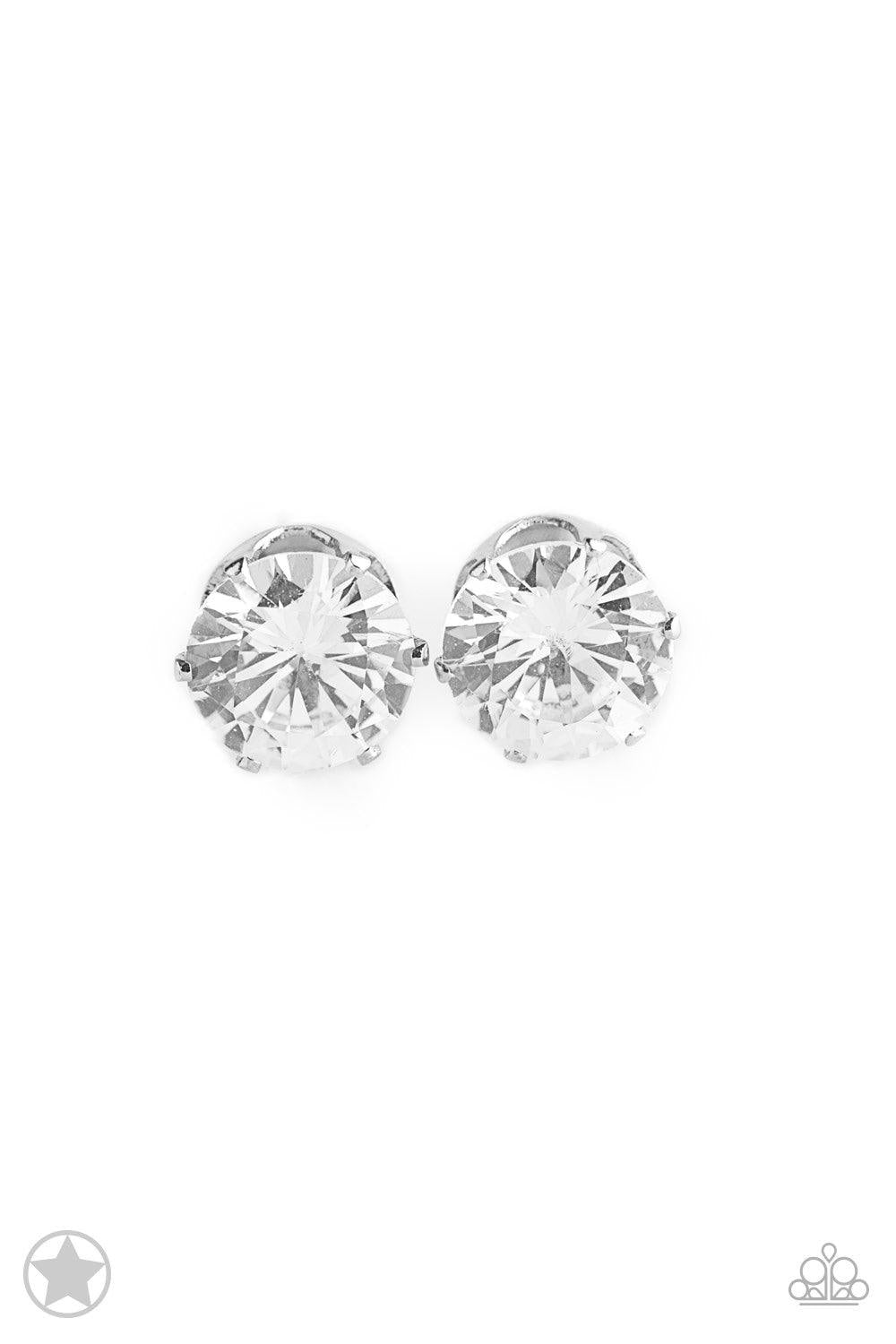 Paparazzi Accessories Just In TIMELESS - White A sparkling white rhinestone is nestled inside a classic silver frame for a timeless look. Earring attaches to a standard post fitting. Jewelry