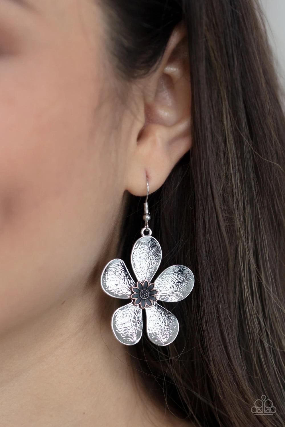 Paparazzi Accessories Fresh Florals - Silver Shiny etched silver petals bloom from a copper floral adorned center, creating a whimsical display. Earring attaches to a standard fishhook fitting. Sold as one pair of earrings. Jewelry