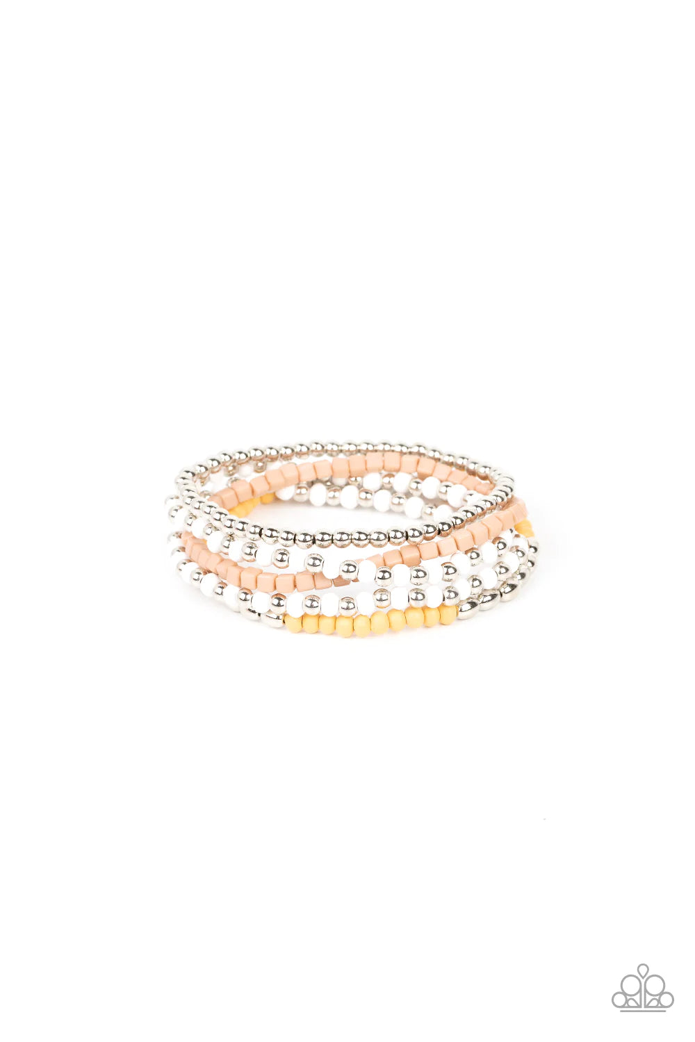 Paparazzi Accessories Adventure is Calling - Silver Featuring the neutral shades of white, brown, silver, and Daffodil, an adventurous assortment of round and cube beads are threaded along stretchy bands around the wrist for a colorfully layered Jewelry