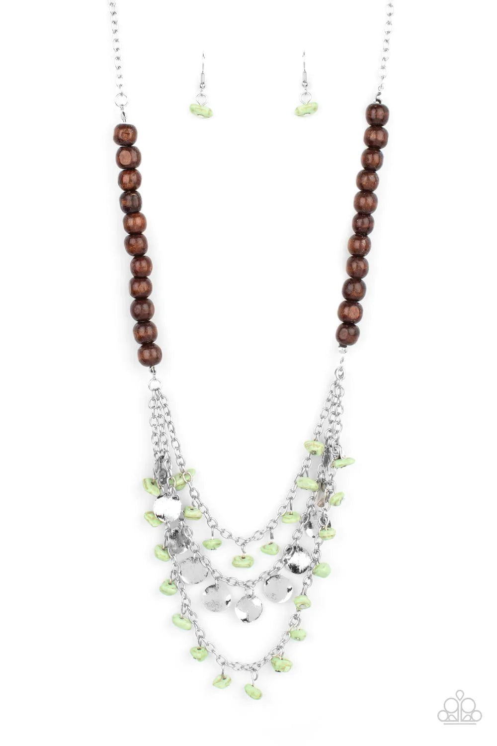 Paparazzi Accessories Plains Paradise - Green Adorned with green pebbles and hammered silver discs, three silver chains layer from strands of brown wooden beads, creating an earthy fringe below the collar. Features an adjustable clasp closure. Sold as one