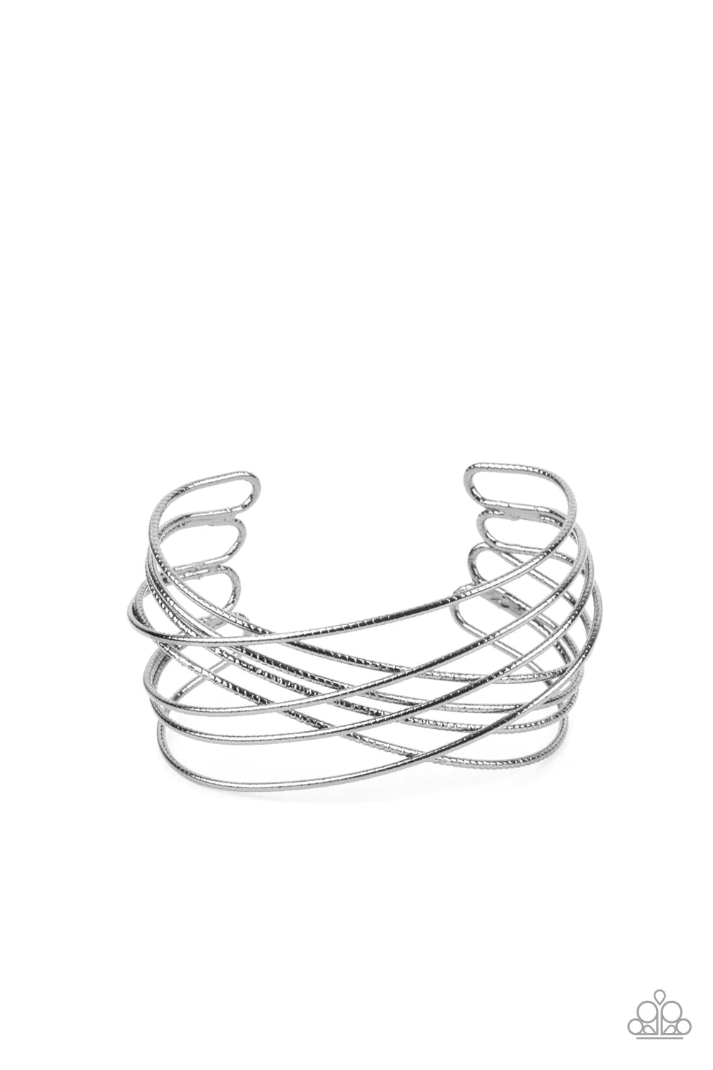 Paparazzi Accessories Strike Out Shimmer - Black Etched in diamond cut texture, shimmery gunmetal bars crisscross across the wrist, resulting in an edgy layered cuff. Sold as one individual bracelet. Bracelets