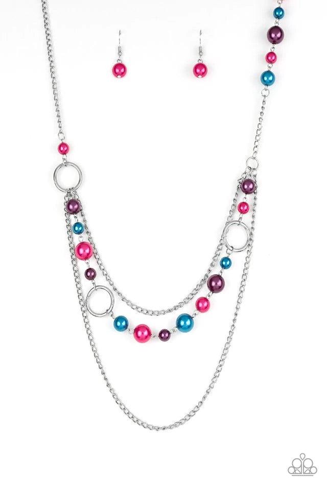 Paparazzi Accessories Party Dress Princess - Multi Pearly blue, pink, and purple beads and shimmery silver hoops trickle along glistening silver chains, creating mismatched layers down the chest. Features an adjustable clasp closure. Jewelry