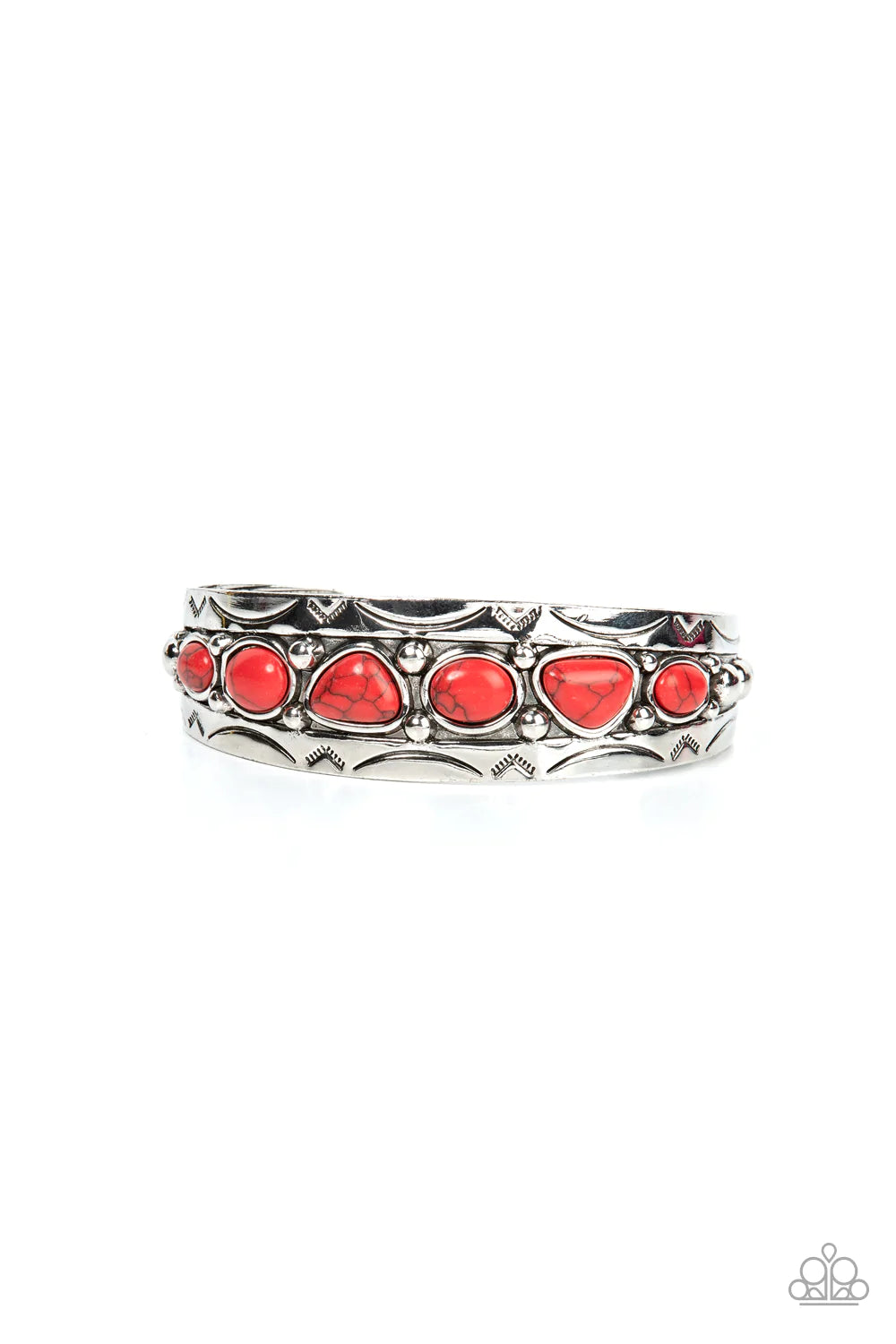 Paparazzi Accessories Saguaro Suitan - Red An asymmetrical collection of fiery red stones are encrusted across the studded center of a rustic silver cuff stamped in tribal inspired textures, resulting in an authentic centerpiece around the wrist. Sold as
