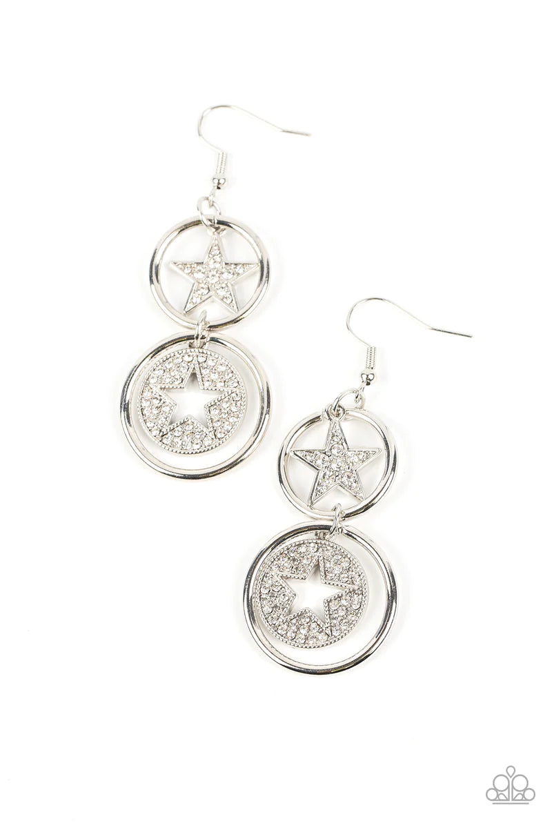 Paparazzi Accessories Liberty and SPARKLE for All - White Two silver hoops link into a stacked lure. A white rhinestone encrusted silver star twinkles from the uppermost hoop, while a white rhinestone dotted silver frame featuring an airy star cutout spar