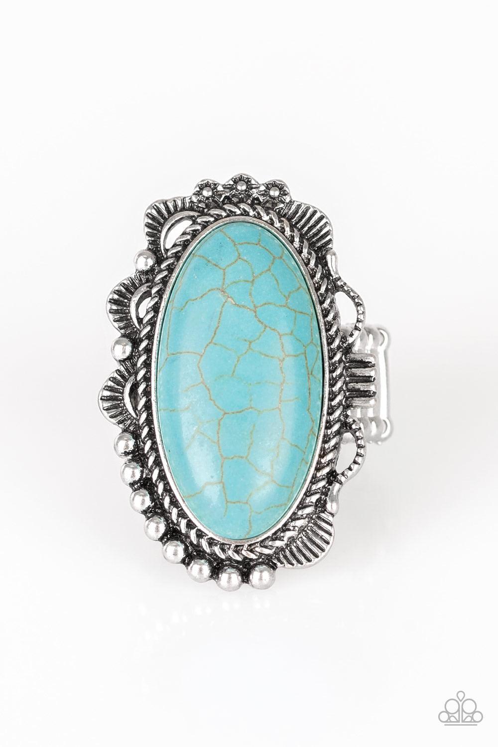 Paparazzi Accessories Open Range - Blue A refreshing turquoise stone is pressed into an ornate silver frame rippling with studded and serrated textures for a seasonal flair. Features a stretchy band for a flexible fit. Sold as one individual ring. Jewelry