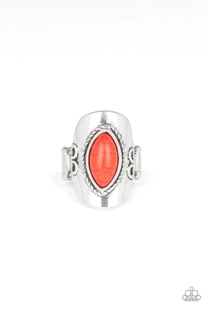 Paparazzi Accessories PLAIN Ride - Red Chiseled into a tranquil marquise shape, a fiery red stone is pressed into the center of an ornate silver frame as it folds around the finger. Features a stretchy band for a flexible fit. Sold as one individual ring.