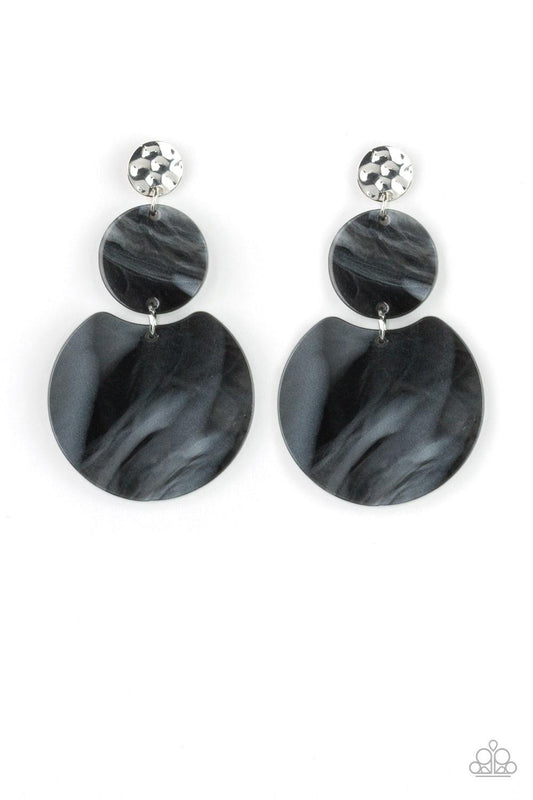 Paparazzi Accessories Miami Mariner - Black Brushed in a shell-like iridescence, shiny black frames trickle from a hammered silver frame for a retro look. Earring attaches to a standard post fitting. Jewelry