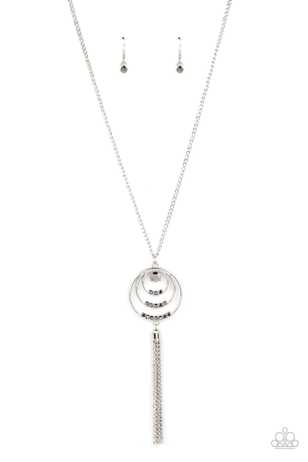 Paparazzi Accessories Spiraling Sparkle - Silver Embellished with rows of hematite rhinestones, concentric silver hoops connect into a single pendant at the bottom of a silver chain. A glistening silver chain tassel swings from the bottom of the display a