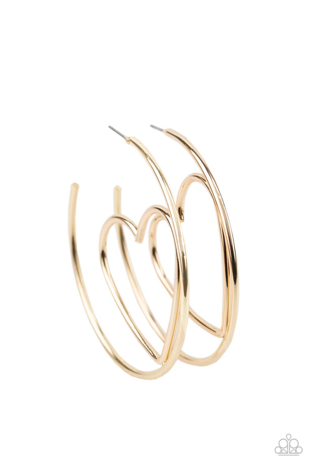 Paparazzi Accessories Love At First BRIGHT - Gold Glistening gold wire delicately bends into an airy heart frame inside a classic gold hoop, creating a flirtatious display. Earring attaches to a standard post fitting. Hoop measures approximately 2" in dia
