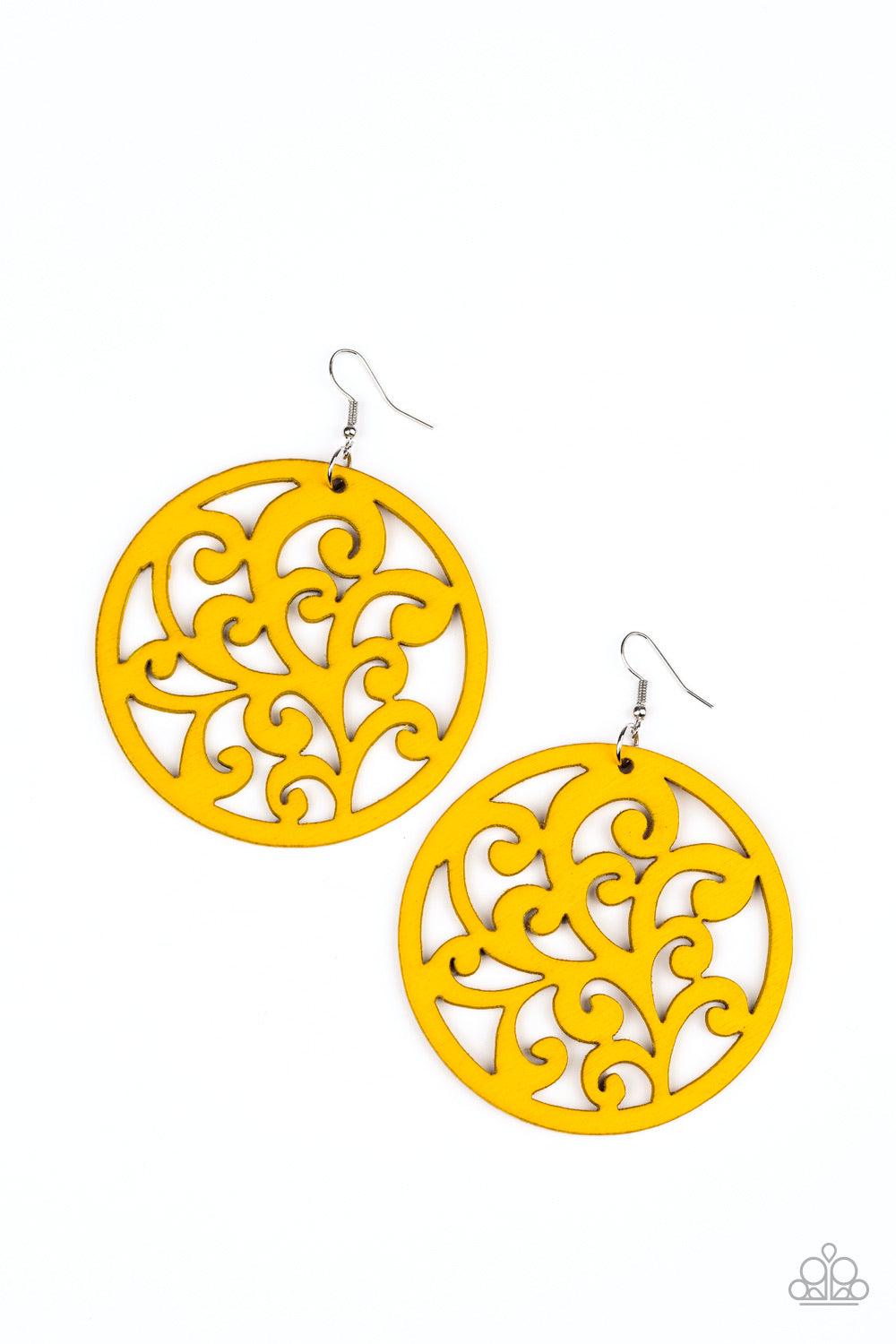 Paparazzi Accessories Fresh Off The Vine - Yellow Stenciled in vine-like filigree, a yellow wooden frame swings from the ear for an earthy look. Earring attaches to a standard fishhook fitting. Jewelry