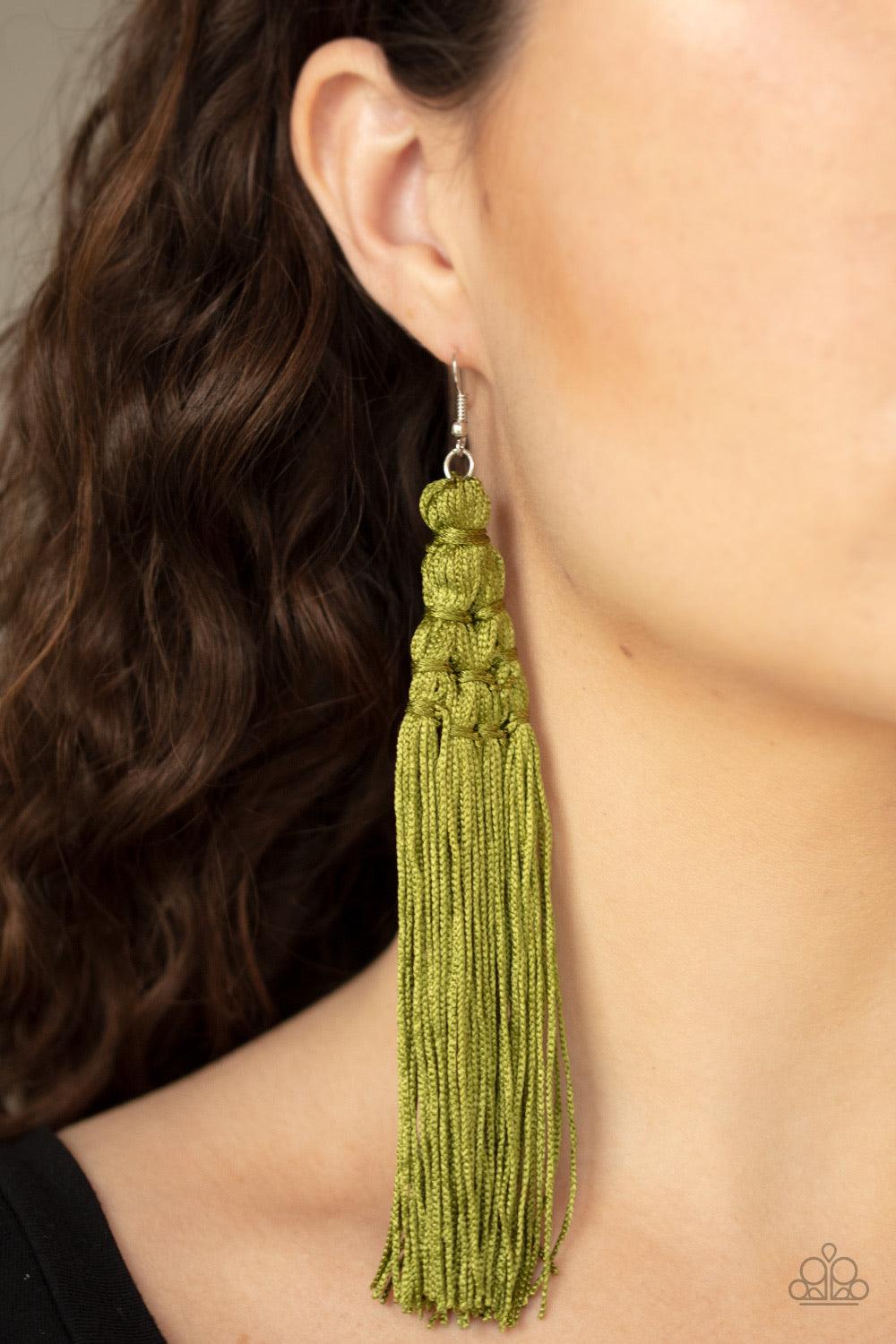 Paparazzi Accessories Magic Carpet Ride - Green Woven into an intricate frame, shiny Guacamole tassels stream from the ear, creating a majestic fringe. Earring attaches to a standard fishhook fitting. Jewelry