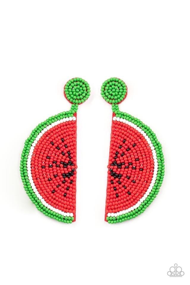 Paparazzi Accessories You Are One In A Melon ~Red Dainty red, green, white, and black beads adorn the front of a felt red frame, creating a juicy slice of watermelon. Earring attaches to a standard post fitting.