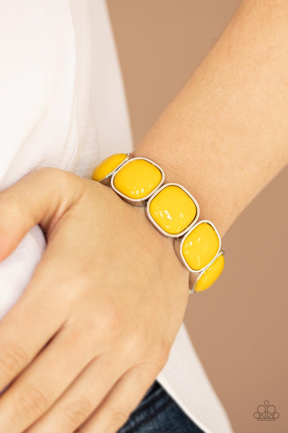 Paparazzi Accessories Vivacious Volume - Yellow Sunny yellow beads are pressed into sleek silver fittings that slide along stretchy bands around the wrist, creating a vivacious pop of color. Jewelry