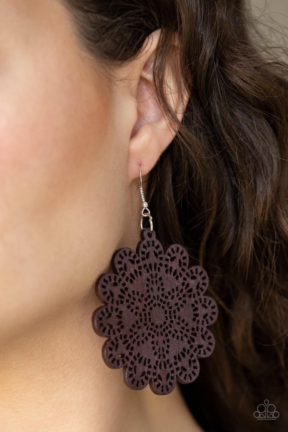 Paparazzi Accessories Coachella Cabaret - Brown Brushed in a shiny brown finish, a wooden floral frame swings from the ear in a whimsical fashion. Earring attaches to a standard fishhook fitting. Jewelry