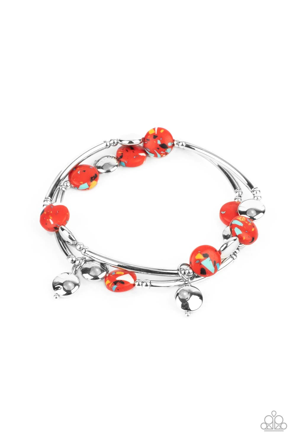 Paparazzi Accessories Terra of Territory - Red Featuring a colorful terrazzo finish, red stone beads join flat and cylindrical silver beads along stretchy bands around the wrist, creating seasonal layers. Jewelry