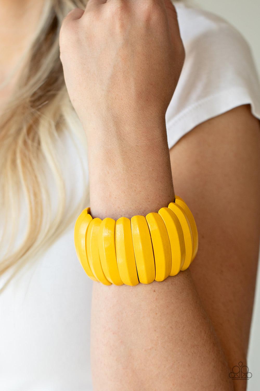 Paparazzi Accessories Colorfully Congo - Yellow Painted in a sunny yellow finish, beveled wooden frames are threaded along stretchy bands around the wrist for a summery look. Sold as one individual bracelet. Jewelry