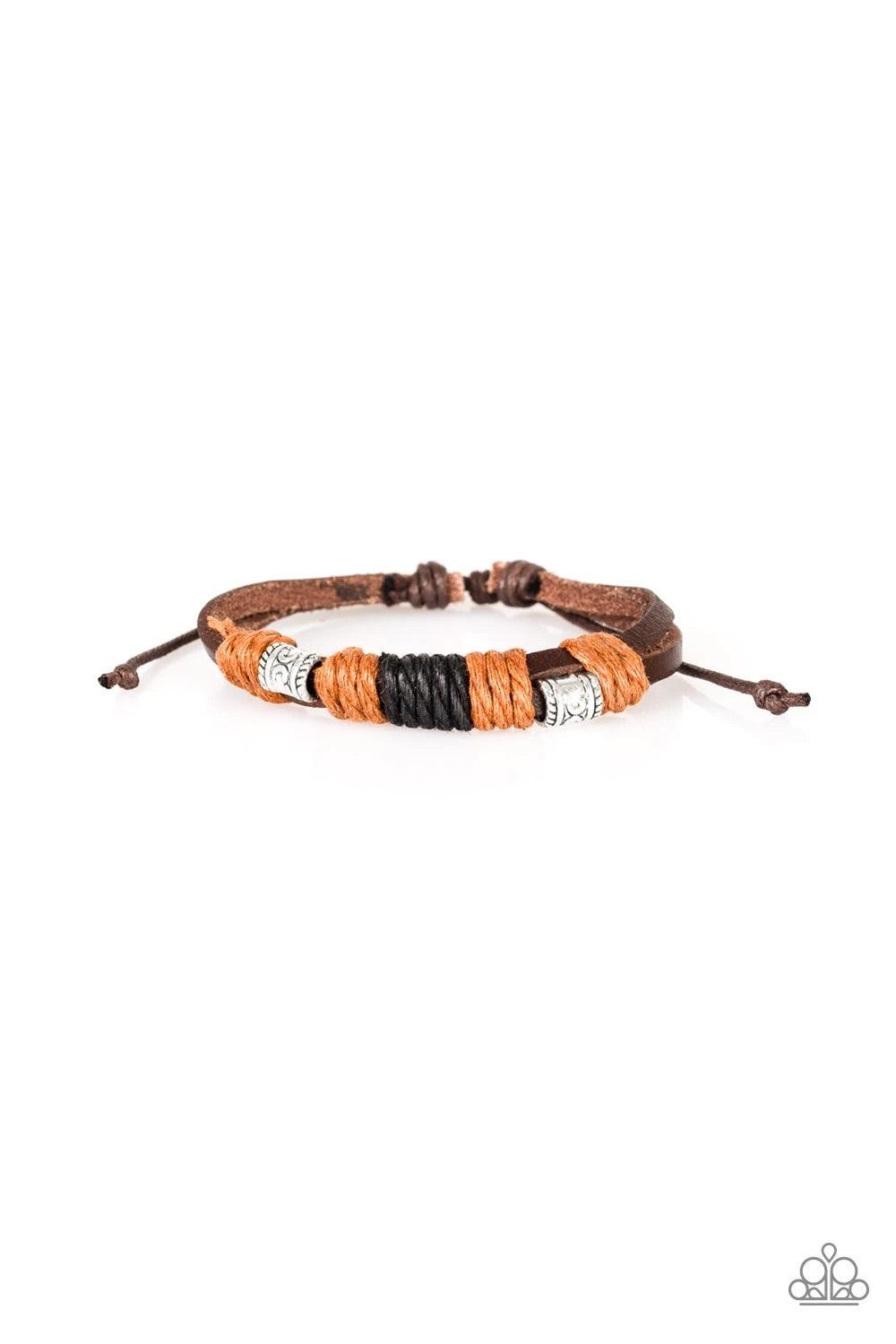 Paparazzi Accessories Tundra Trail - Brown Black and brown cording knots ornate silver beads around two brown leather bands for a rugged look. Features an adjustable sliding knot closure. Sold as one individual bracelet. Jewelry