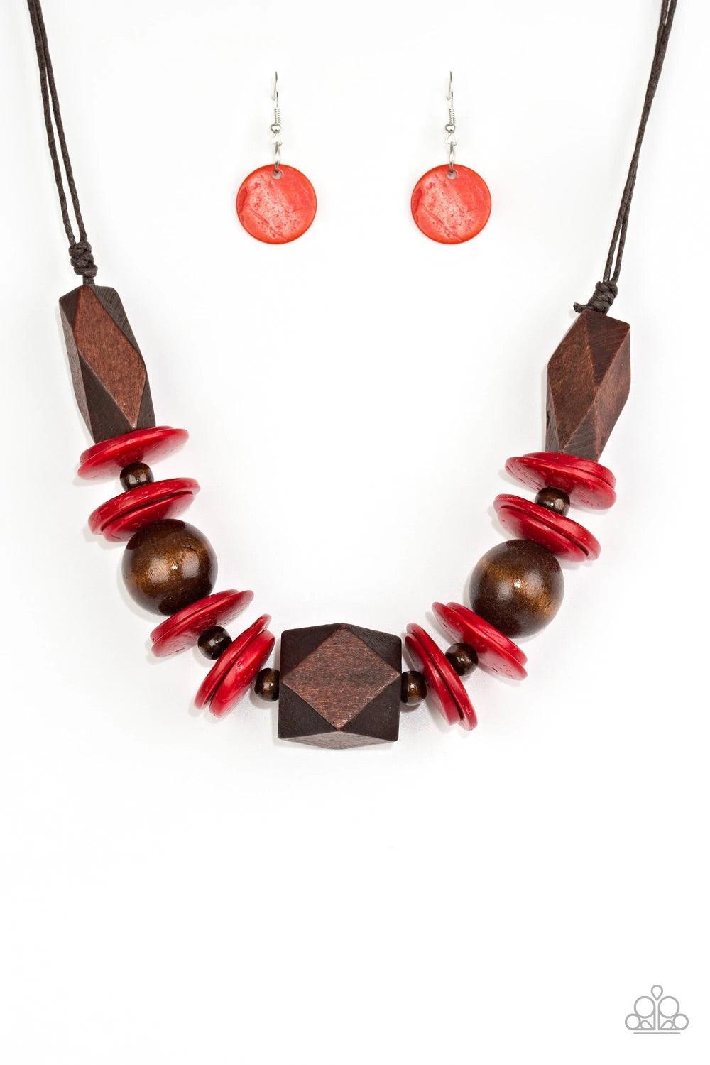 Paparazzi Accessories Pacific Paradise - Red Featuring abstract geometric finishes, mismatched brown wooden beads and fiery red accents are threaded along shiny brown cording. A dramatic geometric bead adorns the center, creating a bold summery look below
