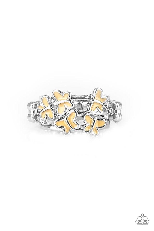 Paparazzi Accessories Fluttering Fashion - Brown Painted in the neutral hue of Soybean, dainty silver butterflies flutter across arcing silver bars for a whimsical fashion. Features a dainty stretchy band for a flexible fit. Jewelry