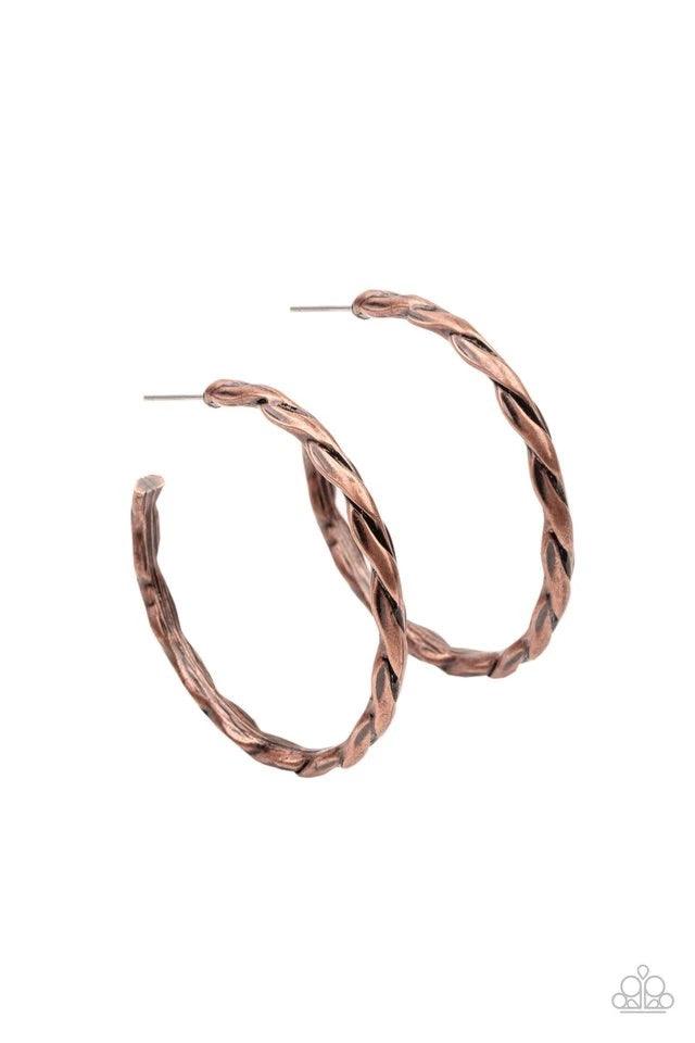 Paparazzi Accessories Don’t Get It Twisted - Brass Brushed in an antiqued shimmer, rustic copper bars delicately twist into a rustic hoop. Earring attaches to a standard post fitting. Hoop measures approximately 1 3/4" in diameter. Jewelry