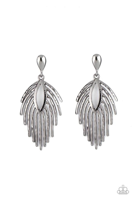 Paparazzi Accessories Metro Safari - Black Anchored by a solid gunmetal bulb, gunmetal bars flare out and fall like shooting stars from an open marquise frame creating a captivating allure. Earring attaches to a standard post fitting. Sold as one pair of