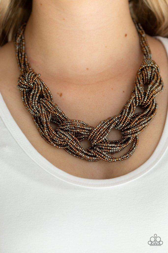 Paparazzi Accessories City Catwalk - Copper Brushed in a flashy finish, countless strands of copper and gunmetal seed beads weave into a bulky square braid below the collar for a glamorous look. Features an adjustable clasp closure. Sold as one individual