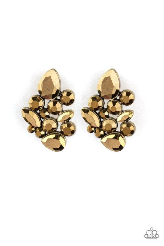 Paparazzi Accessories Galaxy Glimmer - Brass Featuring an array of round, teardrop, and marquise style cuts, a collision of aurum rhinestones explode into a blinding frame. Earring attaches to a standard post fitting. Sold as one pair of post earrings. Je