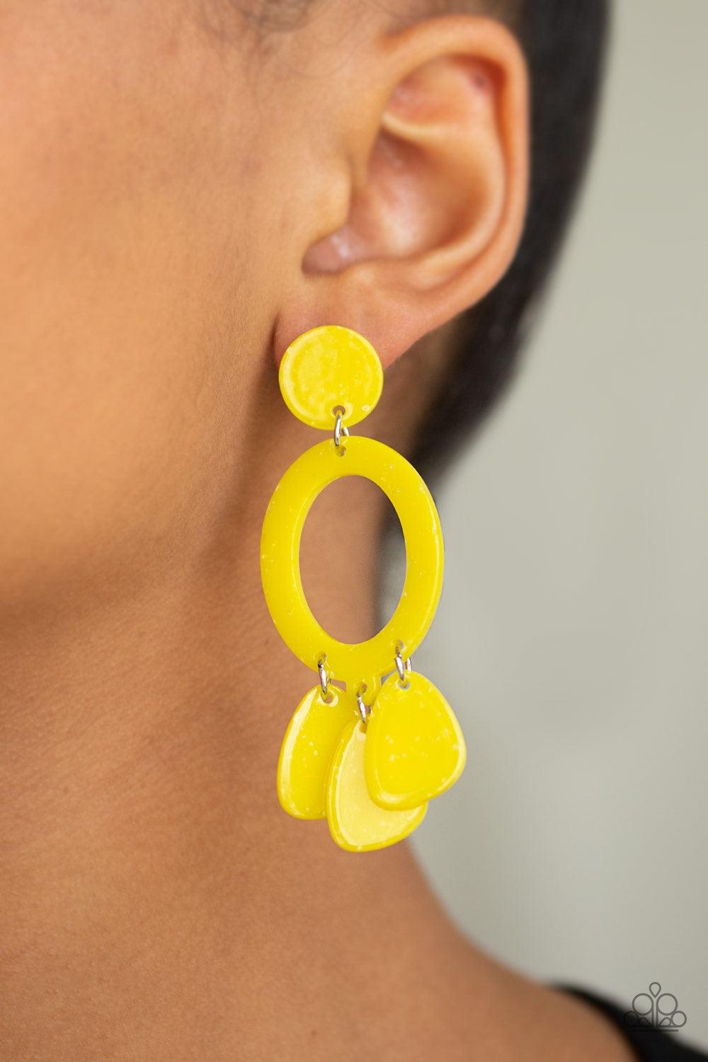 Paparazzi Accessories Sparkling Shores - Yellow Sparkle flecked yellow acrylic frames link into an abstract lure for a summery look. Earring attaches to a standard post fitting. Jewelry
