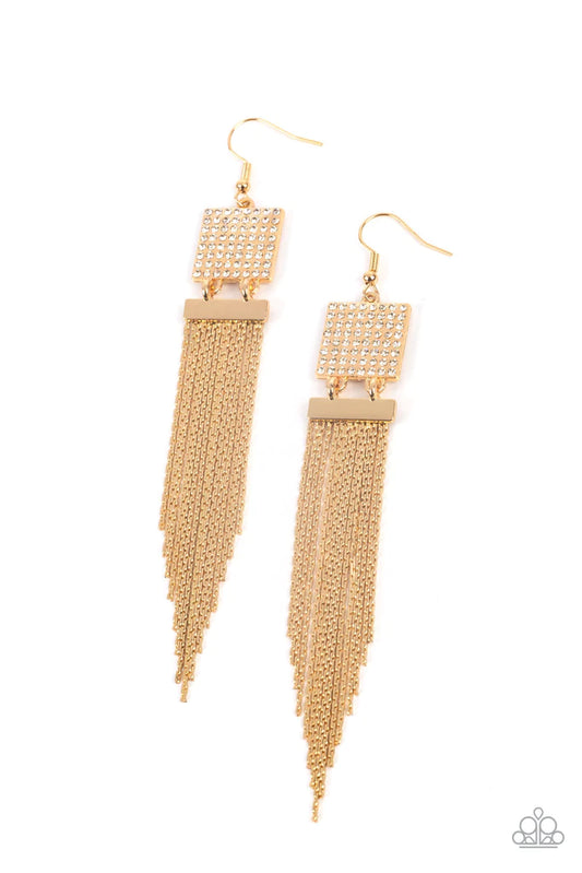 Paparazzi Accessories Dramatically Deco - Gold Rhinestones adorn a shimmering, gold square and dainty white gold chains trickle down, creating a romantic chandelier. Earring attaches to a standard fishhook fitting. Sold as one pair of earrings. Jewelry
