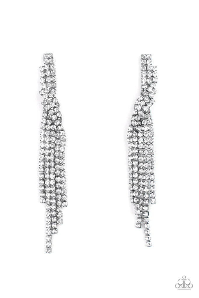 Paparazzi Accessories Cosmic Candescene - Black Encased in glistening gunmetal fittings, dainty strands of glittery white rhinestones delicately overlap into a tapered tassel for a twinkly look. Earring attaches to a standard post fitting. Sold as one pai