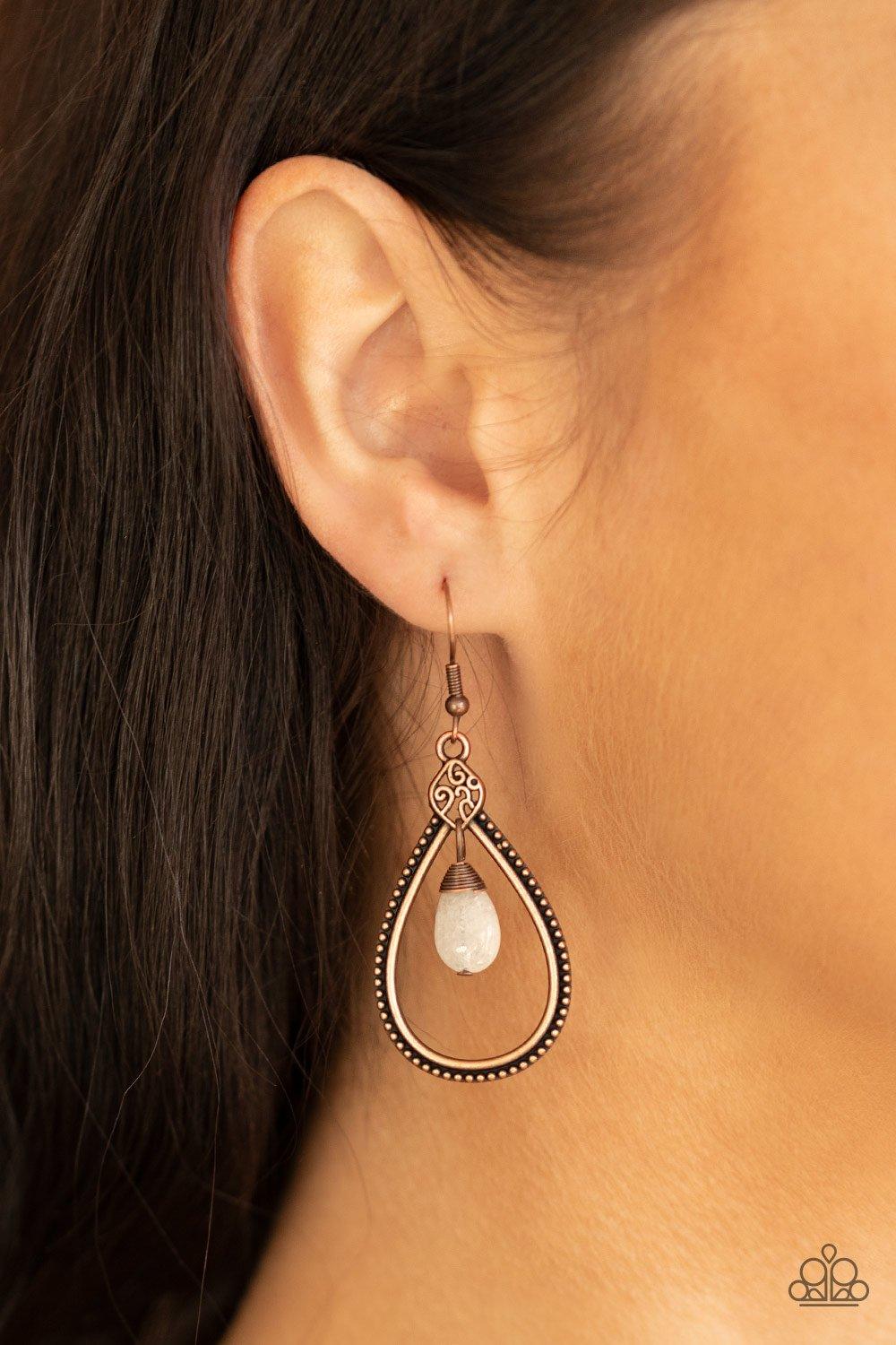 Paparazzi Accessories I’ll Believe It ZEN I See It - Copper Featuring wire wrap detail, a dainty white stone swings from the top of a studded copper teardrop frame featuring filigree detail for a tranquil finish. Earring attaches to a standard fishhook fi