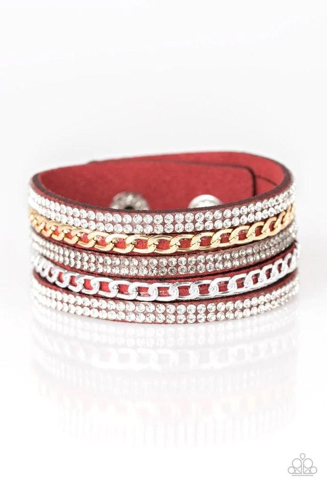 Paparazzi Accessories Fashion Fiend - Red Glassy white and smoky rhinestones are encrusted along strands of red suede. Glistening silver and gold chains are added to the bands, adding edgy industrial shimmer to the sassy palette. Features an adjustable sn