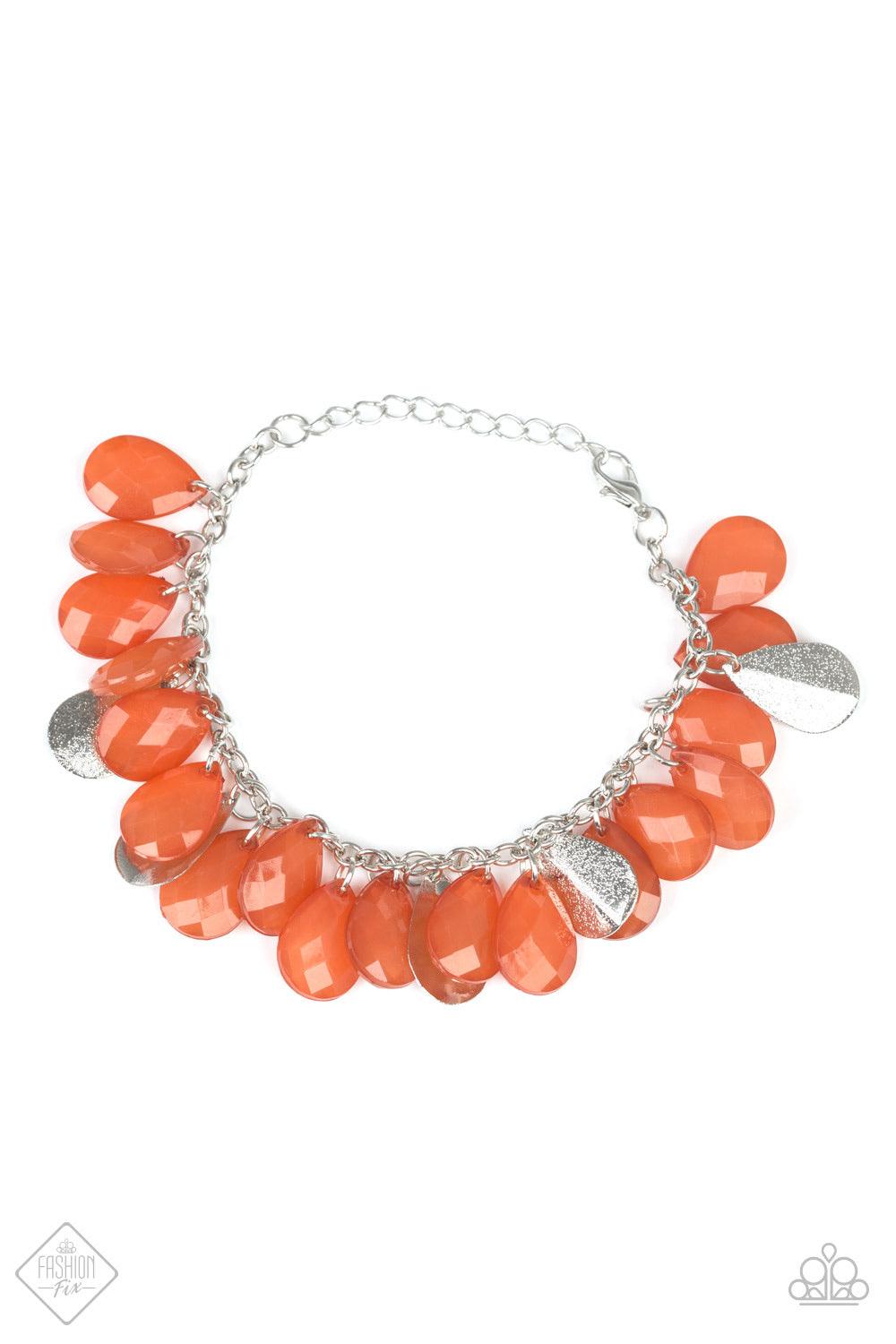 Paparazzi Accessories Fiesta Fiesta - Orange A silver chain is adorned in a flirtatious fringe of faceted burnt orange teardrops. Glittery beveled silver teardrops are sprinkled between the orange beading, adding hints of shimmer to the vivacious design.