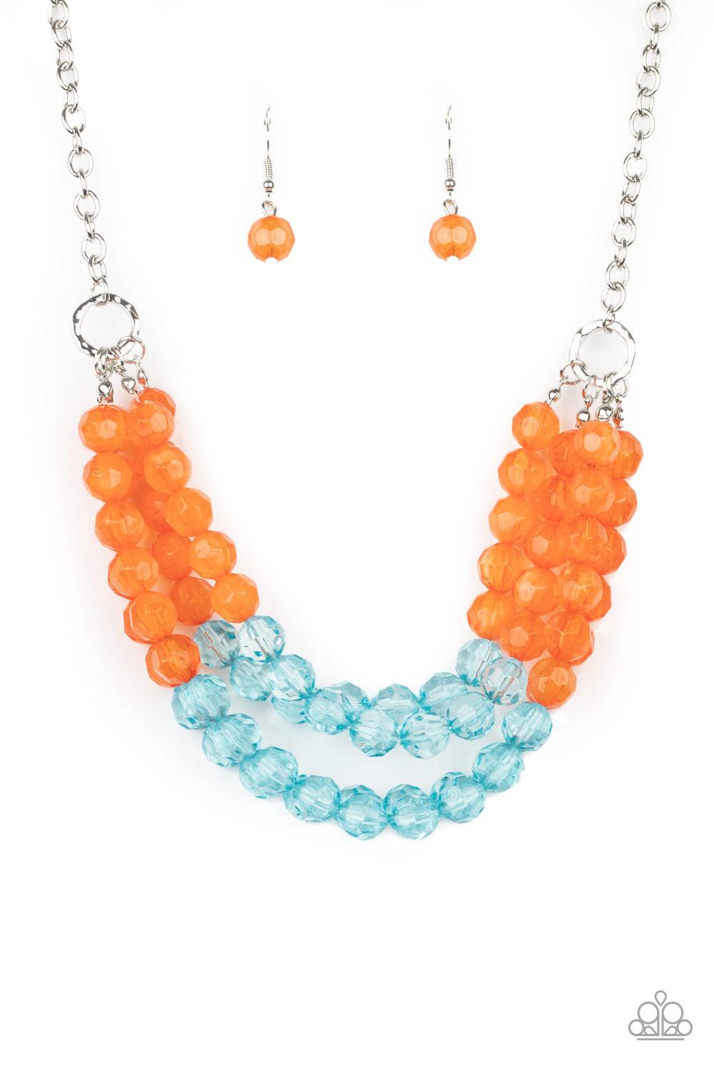 Paparazzi Accessories Summer Ice - Orange Featuring cloudy and glassy finishes, strands of faceted orange and blue crystal-like beads alternate below the collar, creating colorfully icy layers. Features an adjustable clasp closure. Jewelry