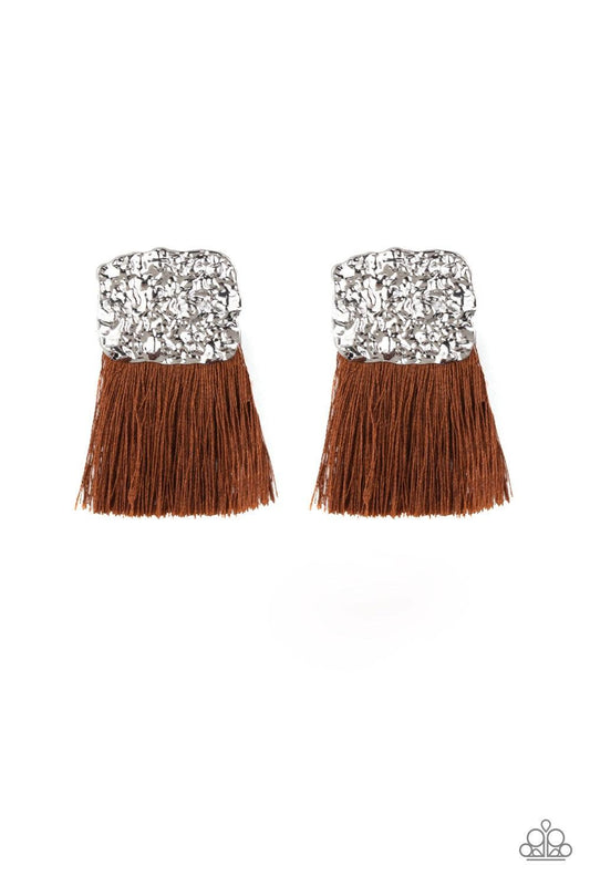 Paparazzi Accessories Plume Bloom - Brown A plume of shiny brown thread streams from the bottom of a hammered silver frame, creating a bold tasseled look. Earring attaches to a standard post fitting. Jewelry