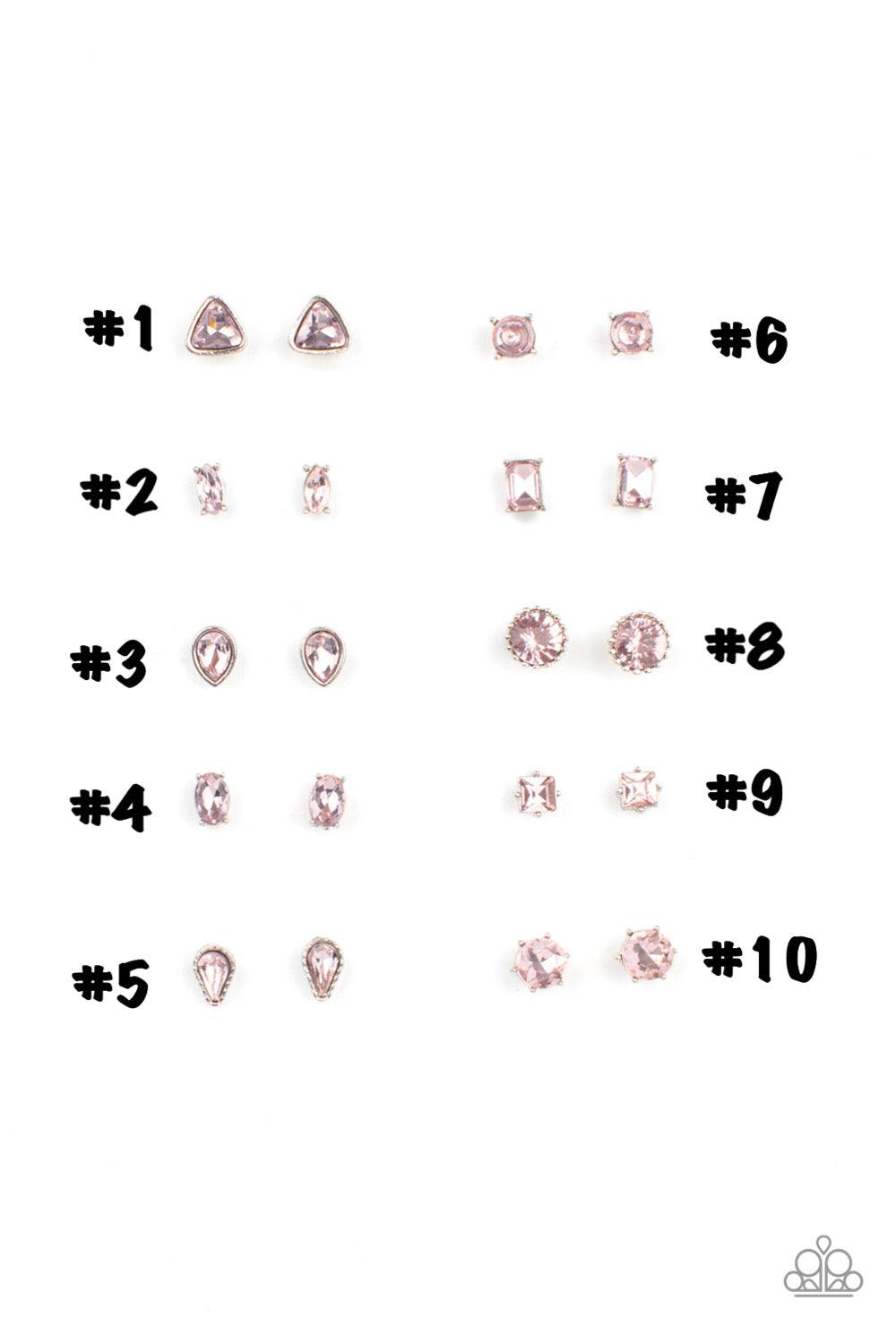 Paparazzi Accessories Starlet Shimmer Earrings #27 Featuring pronged silver fittings, the glittery pink rhinestone centers vary in round, square, teardrop, oval, triangular, and marquise style cuts. Earrings attach to standard post fittings. Jewelry