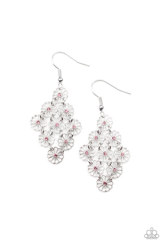 Paparazzi Accessories Bustling Blooms - Purple Dotted with dainty purple rhinestone centers, an airy collection of stenciled silver flowers link into a whimsical floral lure. Earring attaches to a standard fishhook fitting. Sold as one pair of earrings. J