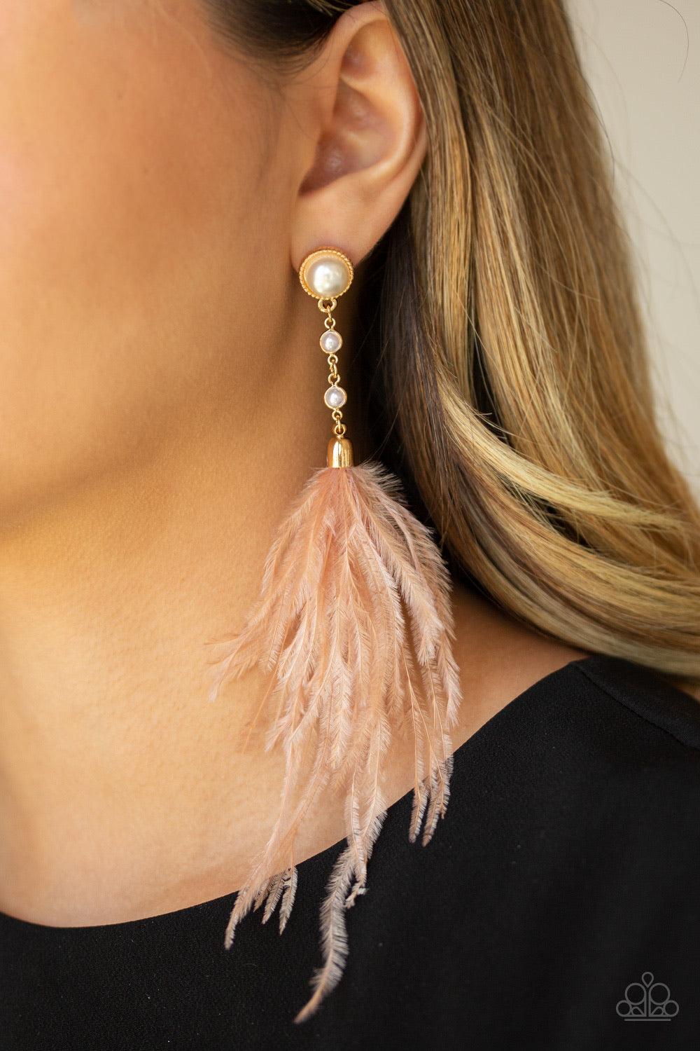 Paparazzi Accessories Vegas Vixen - Gold A plume of soft feathers flares out from the bottom of linked pearl-dotted gold frames for a refined flair. Earring attaches to a standard post fitting. Jewelry