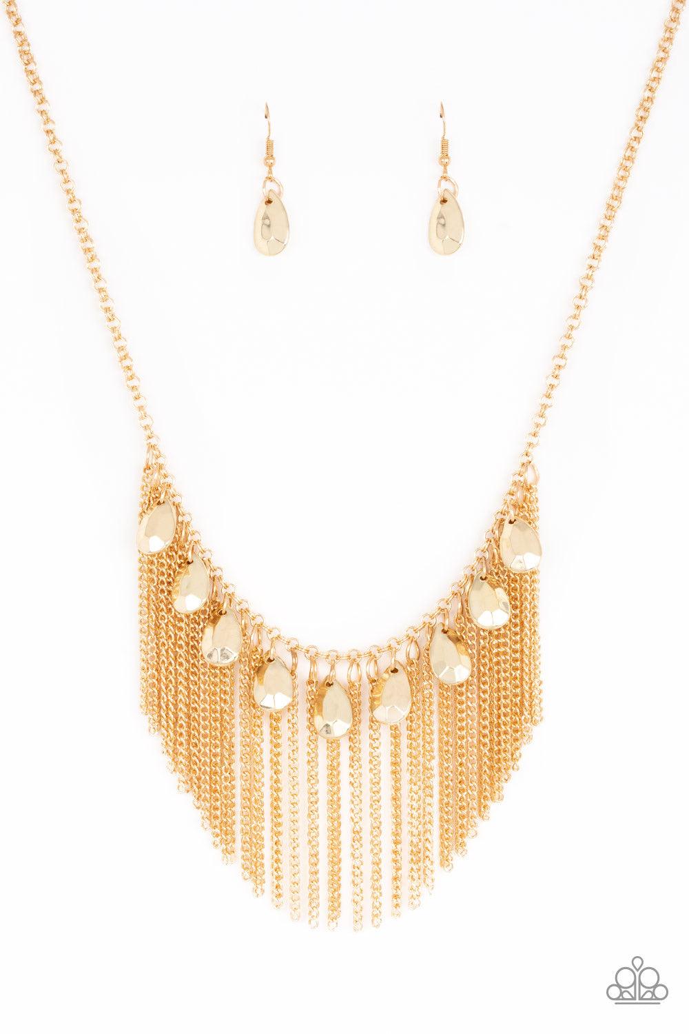 Paparazzi Accessories Bragging Rights - Gold A row of faceted gold teardrops and free-falling gold chains drape below the collar, creating a dramatic fringe for a show-stopping style. Features an adjustable clasp closure. Jewelry