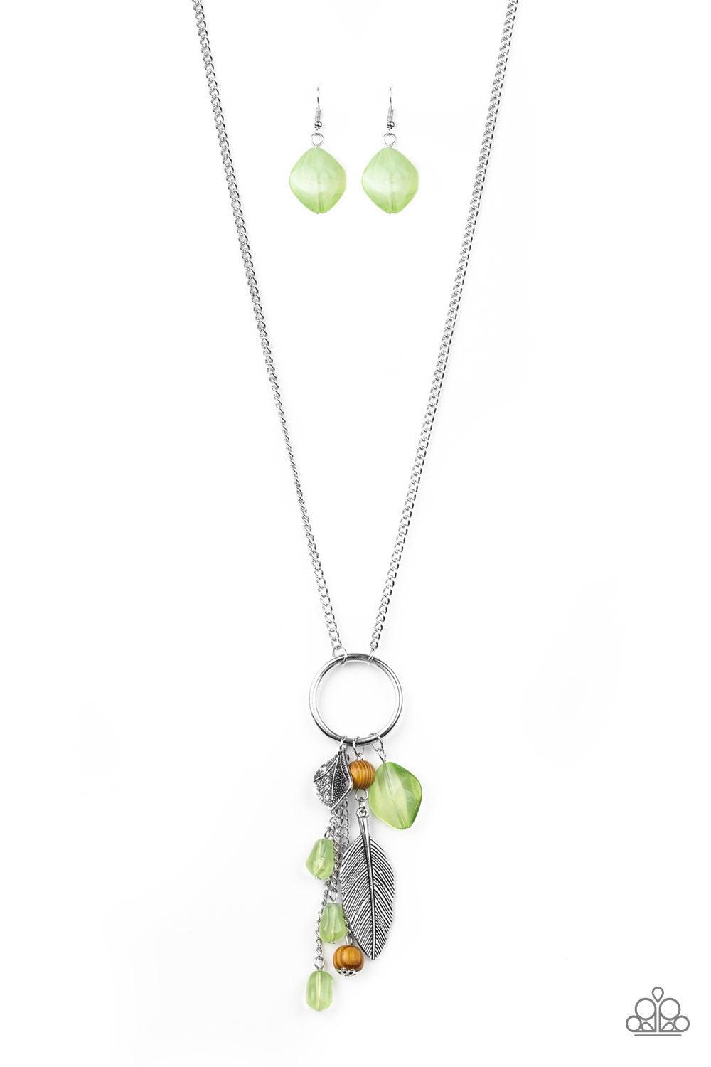 Paparazzi Accessories Sky High Style - Green Infused with shimmery silver chains, a collection of earthy brown beads, cloudy green beads, and glistening silver feather charms swing from the bottom of a bold silver hoop. The whimsical tassel attaches to a