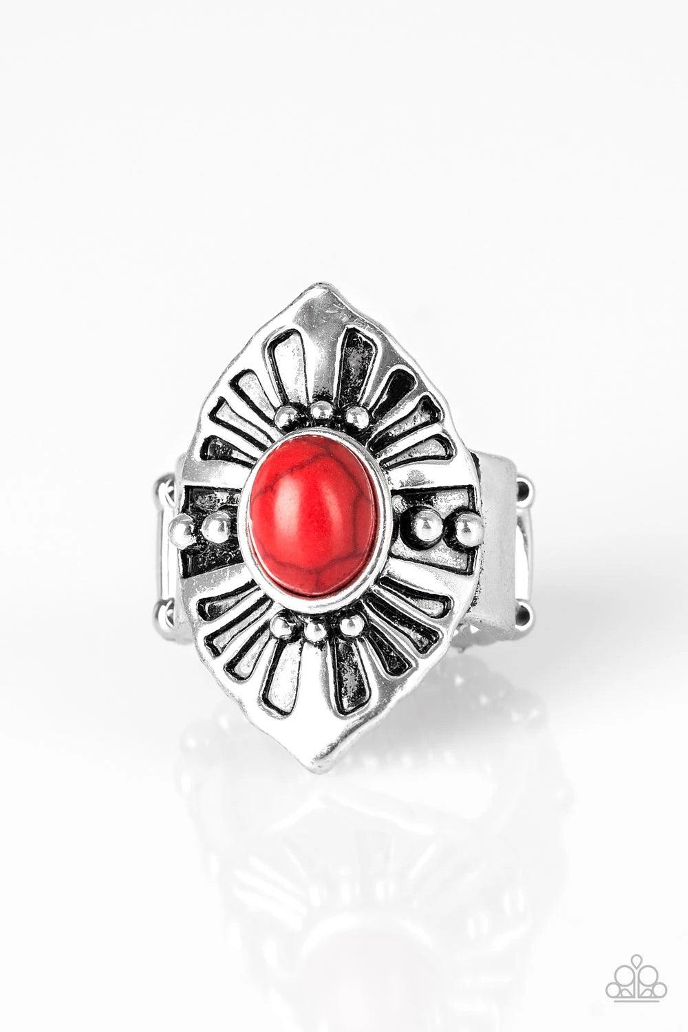 Paparazzi Accessories HOMESTEAD For The Weekend - Red A fiery red stone bead is pressed into the center of an angular silver frame radiating with studded and antiqued textures. Features a stretchy band for a flexible fit. Sold as one individual ring. Jewe