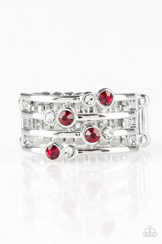 Paparazzi Accessories Sparkle Showdown - Red Glittery red and white rhinestones are scattered along arcing silver bands, coalescing into a refined frame. Features a stretchy band for a flexible fit. Jewelry