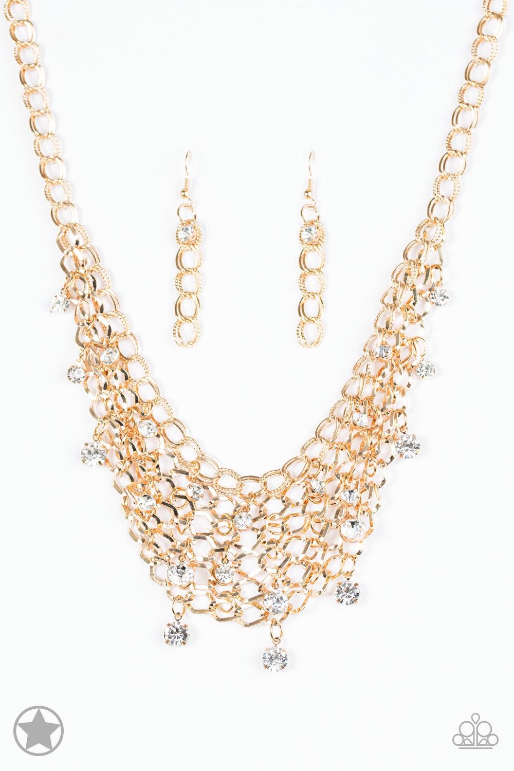 Paparazzi Accessories Fishing For Compliments - Gold A collar of layered interlocking gold chain provides the canvas for gorgeous clear rhinestones to sway delicately. Features an adjustable clasp closure. Jewelry