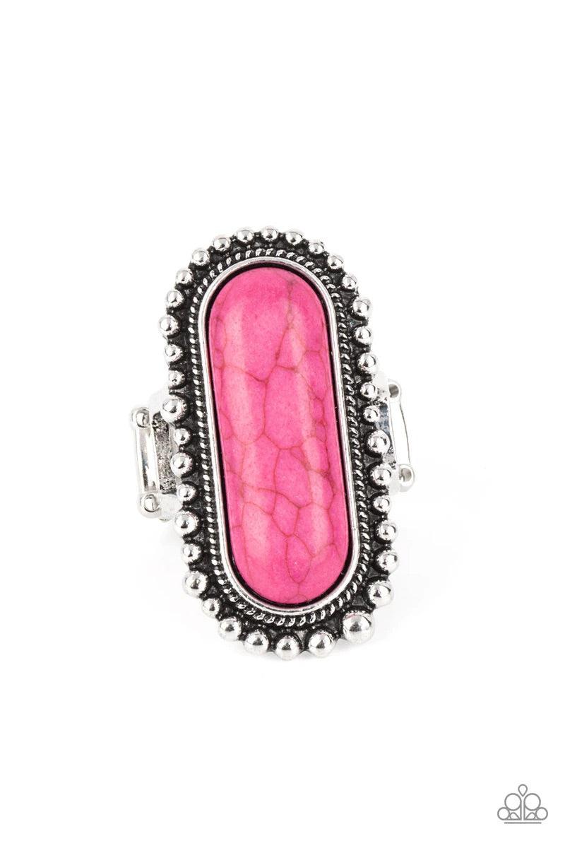 Paparazzi Accessories Sedona Scene - Pink An oblong pink stone is nestled inside an oversized studded silver frame, creating a colorfully rustic centerpiece atop the finger. Features a stretchy band for a flexible fit. Sold as one individual ring. Rings