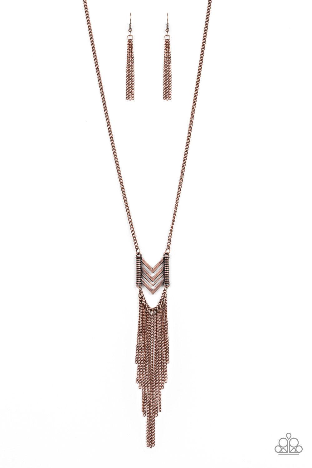 Paparazzi Accessories Point Taken - Copper A stacked chevron-like frame swings from the bottom of a lengthened copper chain, giving way to a shimmery copper tassel for a tribal inspired look. Features an adjustable clasp closure. Jewelry
