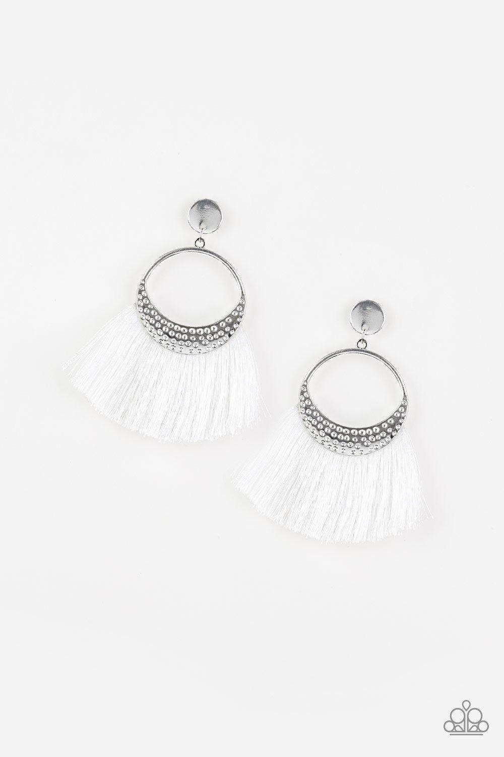 Paparazzi Accessories Spartan Spirit - White Shiny white thread flares from a hammered silver frame for a strikingly tasseled look. The spirited frame attaches to a glistening silver disc fitting for a modern twist. Earring attaches to a standard post fit