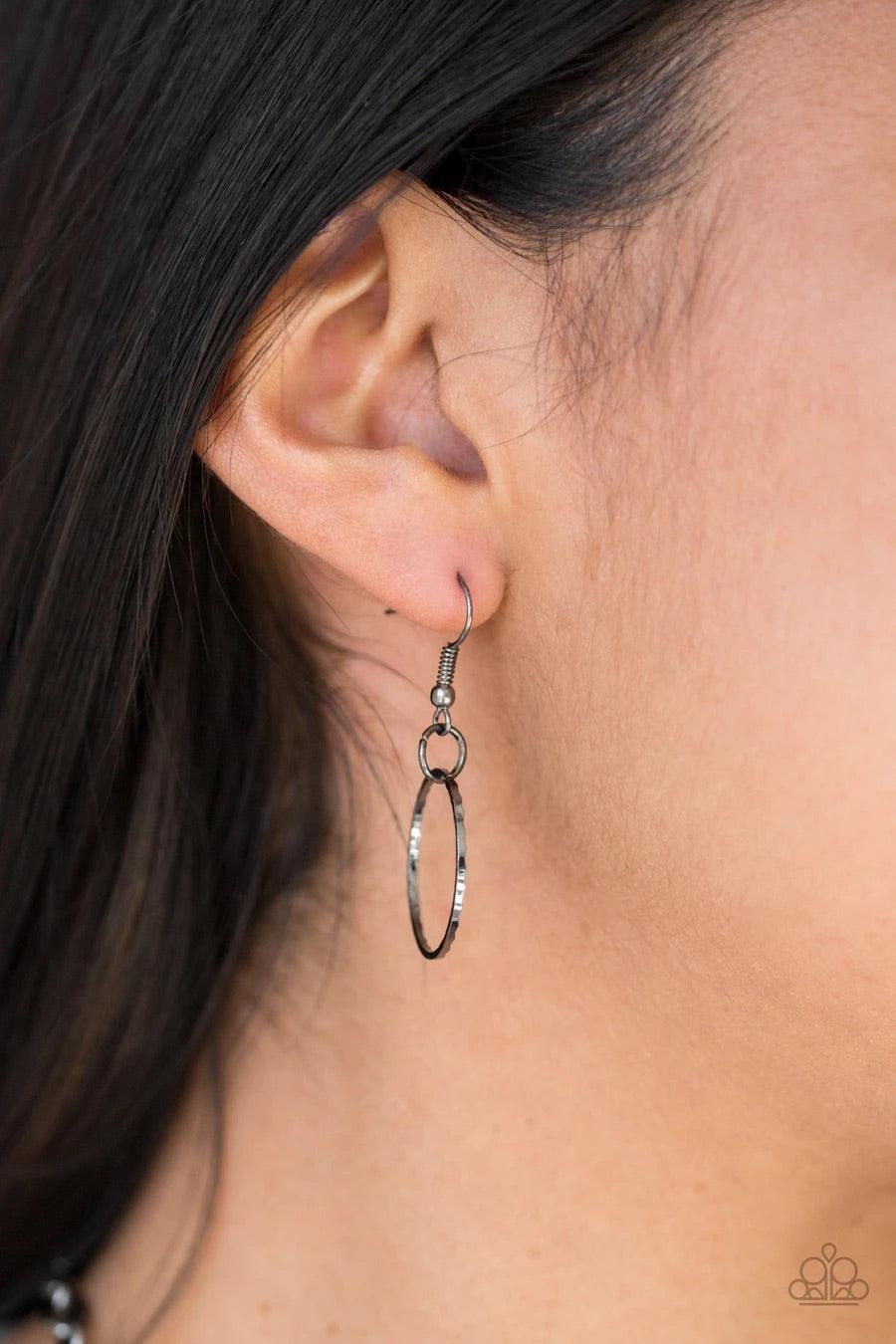 Paparazzi Accessories Circa De Couture - Black Textured gunmetal links connect to a collection of glistening gunmetal hoops below the collar, creating a statement-making fringe. Features an adjustable clasp closure. Sold as one individual necklace. Includ