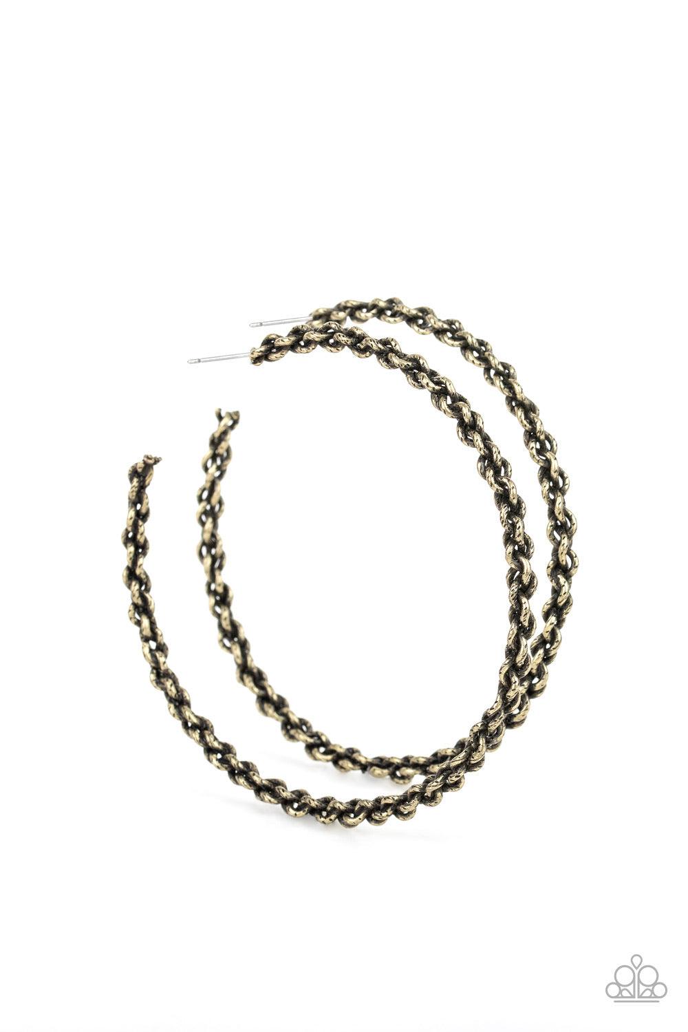 Paparazzi Accessories CHAINge is Coming - Brass Brushed in an antiqued shimmer, glistening brass chain twists into an edgy hoop. Earring attaches to a standard post fitting. Hoop measures approximately 2 3/4" in diameter. Jewelry
