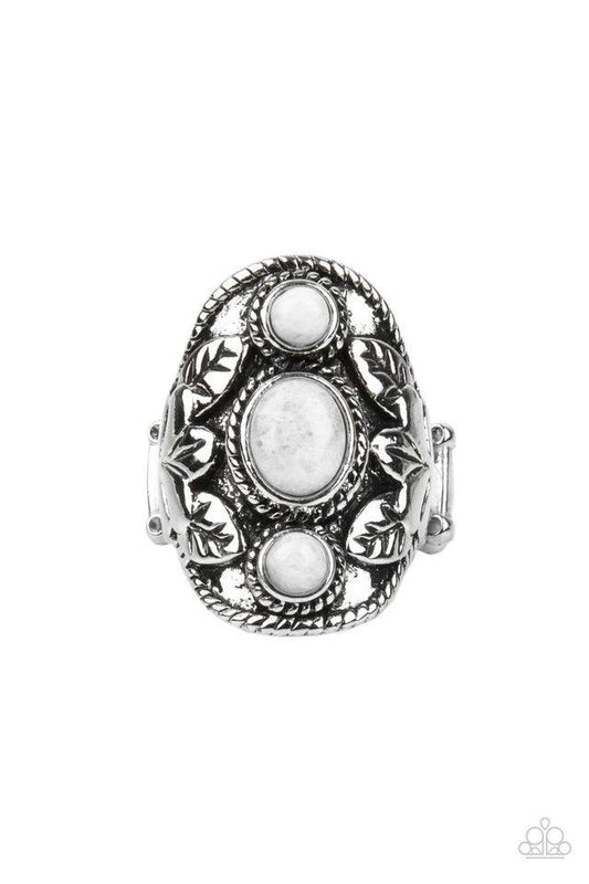 Paparazzi Accessories PALMS Up - White Embossed in whimsical palm leaf patterns, a rustic silver frame is dotted in white quartz stones for a mystical finish. Features a stretchy band for a flexible fit. Jewelry