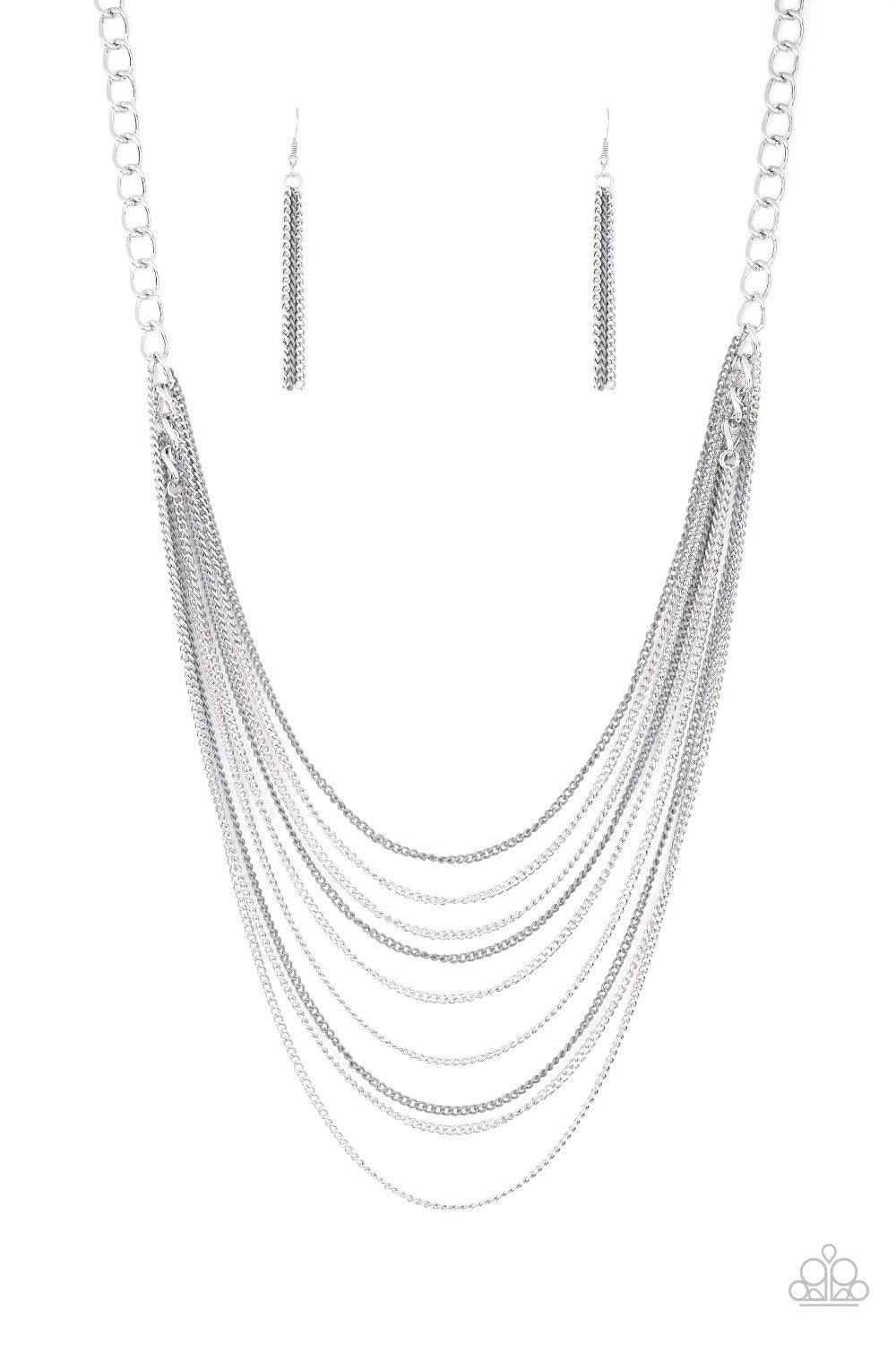 Paparazzi Accessories Rebel Rainbow - Silver Strands of bold silver links give way to rows of shimmery silver and shiny gray chains, creating colorful layers down the chest. Features an adjustable clasp closure. Sold as one individual necklace. Includes o